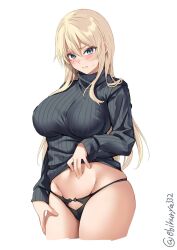 aqua_eyes bismarck_(kantai_collection) black_panties black_sweater blonde_hair blush breasts clothes_lift cowboy_shot crotch ebifurya female highres kantai_collection large_breasts lifted_by_self long_hair looking_at_viewer panties partially_visible_vulva ribbed_sweater solo stomach sweat sweatdrop sweater sweater_lift turtleneck turtleneck_sweater twitter_username underwear white_background