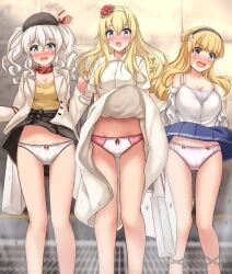 2022 blonde_hair blue_eyes blush bow_panties breasts cleavage embarrassed fletcher_(kantai_collection) grey_hair hairband hat kantai_collection kashima_(kantai_collection) long_hair panties pink_panties purple_eyes skirt skirt_lift sweat tagme thighs twintails warspite_(kantai_collection) white_panties wind_lift zanntetu