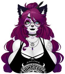 anthro big_breasts black_lipstick breasts cat_ears catgirl choker cleavage female furry glasses goth heterochromia huge_breasts jewelry jinx_doodle piercing purple_hair sona_(jinx_doodle) tagme uncensored