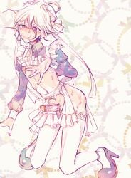 1boy apron danganronpa danganronpa_2:_goodbye_despair femboy gay hair_between_eyes hair_ornament heart heart_censor heart_pasties heels karairo kneeling light_skin maid maid_headdress maid_uniform male male_only nagito_komaeda penis short_hair solo spiral_eyes straight_hair sweat thighhighs wavy_hair white_hair yaoi