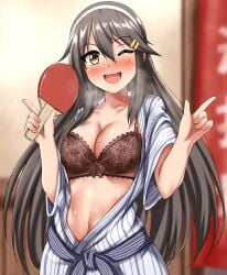 2022 black_bra blush bra breasts brown_hair haruna_(kantai_collection) kantai_collection lingerie long_hair looking_at_viewer navel one_eye_closed orange_eyes picot_trim picot_trim_bra sweat tagme wink zanntetu