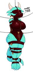 artist_request blindfold blue_scales english_text face_harness horns kobold latex leather legs_tied legs_together muzzle muzzle_(object) muzzled padlock scalie scalie_humanoid tagme_(artist) text wide_hips