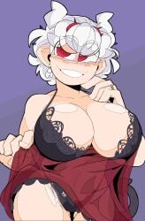 2022 babydoll beelzebub_(helltaker) black_bra black_panties bra breasts demon_girl demon_horns demon_tail earrings freckles helltaker horns large_breasts lingerie looking_at_viewer panties piercing red_eyes ring slim_waist smile standing tagme tail thick_thighs thighs toohandy white_hair