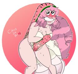 atomic_wedgie blush citrus_sin_bin erection_pushing_underwear female pink_hair rose_quartz_(steven_universe) slightly_chubby smile star_eyes steven_universe thick_thighs watermelon_panties wedgie wide_hips