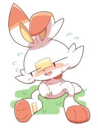 blush bodily_fluids female genitals hi_res nettsuu nintendo open_mouth pokémon_(species) pokemon presenting presenting_pussy pussy scorbunny solo spread_legs spread_pussy spreading sweat video_games white_body