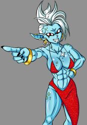 1girls big_breasts blue_skin bracelets daphne_dress dress fangs fauxhawk_(hairstyle) female female_only humanoid makyo_(superspacewarrior) muscular necklace no_visible_genitalia oc original_character punk punk_girl red_eyes solo superspacewarrior white_hair wizkid28