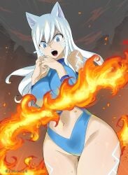 1girls ass big_breasts blue_eyes breasts cat_ears cat_tail catgirl edens_zero fire gaston18 long_hair open_mouth overdrive_(edens_zero) rebecca_bluegarden sole_female solo standing thick_hips thick_legs thick_thighs white_hair wide_hips