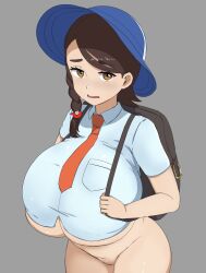 1girls alternate_breast_size bag big_breasts bottomless braided_hair breasts brown_hair female game_freak gigantic_breasts grey_background headwear high_resolution huge_breasts human juliana_(pokemon) long_hair nao_(ritsancrossover) nintendo pale_skin pokemon pokemon_sv pussy standing thick_thighs