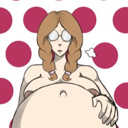 about_to_fart angeldark belly big_belly bloated bloated_belly breasts female glasses hand_on_belly nipples pregnant