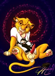 anthro bottomless crossover cub disney dreamworks feline felix_the_cat felix_the_cat_(series) feral furry lobofeo male_only pawpads penis shirt simba tail tan_fur testicles the_lion_king tongue_out whiskers yellow_sclera