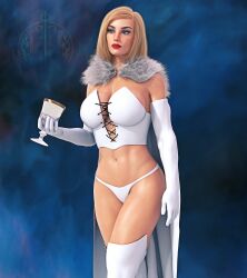 3d blonde_hair blue_eyes breasts cape corset curvy curvy_female emma_frost female female_only hourglass_figure huge_breasts lingerie marvel marvel_comics op-tron panties thighhighs white_queen x-men