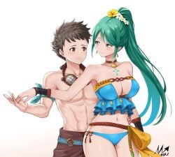 artist_logo bikini bikini_bottom blush brown_hair caspar_von_bergliez_(cosplay) choker curvy_female earrings female female/male goggles goggles_around_neck gold_eyes green_eyes green_hair lyn_(fire_emblem)_(cosplay) maumaou muscular_male narrow_shoulders nipple_bulge pneuma_(xenoblade) rex_(xenoblade) side-tie_bikini smile swim_trunks swimming_trunks swimsuit thick_thighs thin_arms thin_waist toned_male wide_hips xenoblade_(series) xenoblade_chronicles_2