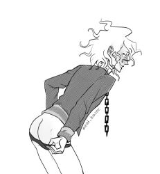 1boy artist_name ass blush danganronpa danganronpa_ultra_despair_girls looking_back male male_only meat_havoc monochrome nagito_komaeda presenting presenting_hindquarters servant_(danganronpa) small_ass smile solo straight_hair underwear underwear_down undressing