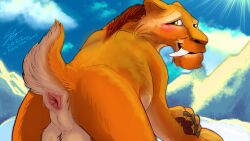 absurd_res anus ass balls blue_sky_studios blush diego_(ice_age) digital_media_(artwork) felid feral fur genitals hi_res ice_age_(film) ice_age_(series) machairodontine male male_only mammal nude pantherine presenting presenting_anus presenting_hindquarters quadruped smile soulgryph