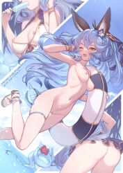 ;d animal_ear_fluff animal_ears arm_up armpits artist_name ass bangs bare_shoulders bikini_skirt black_skirt blue_flower blue_hair blue_nails blue_sky blush bracelet breasts cleavage collarbone creature dated day dutch_angle eating erune female ferry_(granblue_fantasy) flower food granblue_fantasy groin hair_flower hair_ornament hand_in_own_hair highres holding holding_food jewelry leaning_forward leg_up lifebuoy long_hair looking_at_viewer medium_breasts multiple_views nail_polish nipple_slip nipples nude one_eye_closed open_mouth outdoors popsicle pussy sandals skindentation skirt sky smile thigh_gap thigh_strap upper_body very_long_hair yellow_eyes yellowpaint.