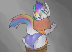 2022 anthro ass ball_bulge balls bottomwear bottomwear_down bulge clothed clothing colored fluffy fur genitals hair hi_res male male_only multicolored_body multicolored_fur multicolored_hair multicolored_tail pants pants_down partially_clothed presenting presenting_hindquarters rainbow_hair rainbow_tail shaded shirt solo thrumbo_(species) topwear troplilly