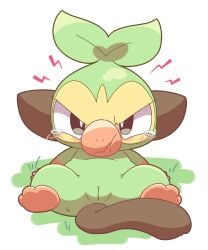 angry blush bodily_fluids female genitals green_body grookey hi_res looking_at_viewer nettsuu nintendo pokémon_(species) pokemon pussy sitting solo tears video_games