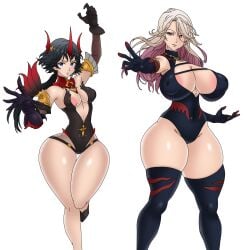 big_areola big_breasts big_nipples black_hair black_stockings blue_eyes chimeraindura elbow_gloves half_naked huge_breasts large_areolae lillia_(nanatsu_no_taizai) long_hair massive_breasts nanatsu_no_taizai nanatsu_no_taizai_hikari_to_yami_no_grand_cross pink_eyes puffy_nipples purple_hair smile smiling tagme thick_as_fuck thick_thighs thighhighs tight_clothing white_background white_hair