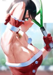 1girls areola_slip areolae bell bell_collar black_hair breasts cleavage female female_only frikulu gloves green_eyes hi_res hololive hololive_gen_2 hololive_japan large_breasts oozora_subaru short_hair solo sweat tennis_racket virtual_youtuber