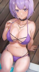 1girls bikini blue_nails choker hololive hololive_indonesia hololive_indonesia_area_15 looking_at_viewer moona_hoshinova multicolored_hair nail_polish poolside purple_bikini purple_eyes purple_hair short_hair tachibana_yuu virtual_youtuber