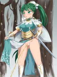 1girls alternate_costume ass_visible_through_thighs bare_legs bare_thighs boots breasts clothes_lift earrings female female_only fire_emblem fire_emblem:_the_blazing_blade fire_emblem_heroes forest green_eyes green_hair heavy_breathing legs lifted_by_self long_hair lyn_(fire_emblem) medium_breasts nintendo official_alternate_costume open_mouth outdoors peeing pelvic_curtain pelvic_curtain_lift ponytail pussy snow snowing sogano_moronao solo sword thighs urine very_long_hair weapon winter