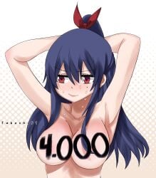 1girls big_breasts big_penis blue_hair censored censored_nipples edens_zero embarrassed embarrassed_nude_female hair_ornament hair_ribbon hands_behind_head homura_kogetsu long_hair looking_away mole mole_under_eye nervous nervous_face nervous_smile nervous_sweat ponytail red_eyes red_ribbon sole_female solo sweat sweatdrop sweating tagme takeshi61_(artist) upper_body