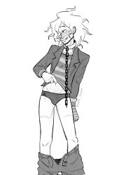 1boy artist_name collar danganronpa danganronpa_ultra_despair_girls erection erection_under_clothes looking_to_the_side male male_only meat_havoc monochrome nagito_komaeda pants_down precum servant_(danganronpa) solo straight_hair underwear