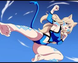 1girls artist_request ass big_breasts blonde_hair blue_eyes breasts cat_ears cat_tail catgirl edens_zero kick kicking long_hair open_mouth overdrive_(edens_zero) rebecca_bluegarden sole_female solo thick_hips thick_legs wide_hips