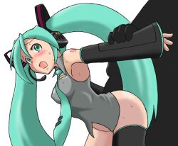 arm_grab bottomless cl-55 detached_sleeves erect_nipples female green_eyes green_hair hatsune_miku necktie open_mouth saliva thighhighs twintails vocaloid