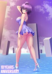 1girls arm_behind_head ass big_breasts blush busty dress feet female female_only green_eyes heels highres looking_at_viewer original panties pose purple_hair sensual short_hair solo thighs underwear voluptuous yukino_akaihi yukino_memories zel-sama