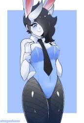 ahegaokami black_hair blue_eyes breasts bunny_ears bunnysuit hips holding_breast horns oni oni_horns original smile spooky_(ahegaokami) tagme wholesome