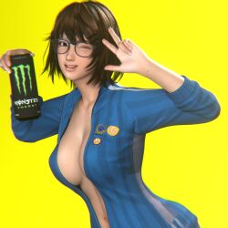 1girls 3d big_breasts busty dead_or_alive dead_or_alive_xtreme_venus_vacation energy_drink female female_focus female_only glasses hourglass_figure huge_breasts koyz3d medium_hair monster_energy pinup pinup_pose solo tagme tecmo tsukushi_(doa) unzipped wide_hips