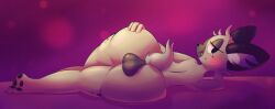 :3 aggressive_retsuko anthro ass balls fur genitals haida hi_res hyaenid juicebug looking_at_viewer looking_back looking_back_at_viewer lying male mammal nude on_side open_mouth sanrio smile smooth_fur solo spots spotted_body spotted_fur spotted_hyena