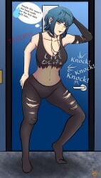 alternate_universe blue_hair breasts goth light-skinned_female light_skin persona persona_5 shin_megami_tensei tae_takemi text text_bubble thighs thought_bubble voluptuous xxpulp