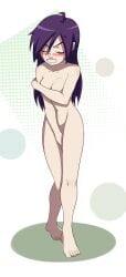 1girls anger_vein angry barefoot blush closed_eyes completely_naked completely_nude completely_nude_female covering_breasts covering_crotch covering_self embarrassed embarrassed_nude_female enf long_hair naked nude nude_female purple_hair simple_background solo szmitten zone-tan