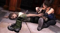 2girls 3d barefoot boots capcom feet female female_only foot_fetish jill_valentine jill_valentine_(sasha_zotova) rebecca_chambers resident_evil resident_evil_0 resident_evil_3 resident_evil_3_remake runethom-sfm soles source_filmmaker tickle_torture tickling tickling_feet