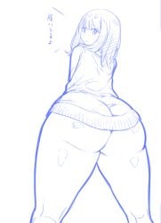 1girls ass big_ass big_butt bottomless danchizuma doodle eye_contact female female_focus female_only huge_ass long_hair looking_at_viewer looking_back sketch solo ssss.gridman takarada_rikka text thick_ass thick_thighs thighs translation_request