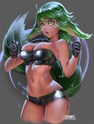 1girls amber_eyes cleavage corset_bra female female_only fox_ears fox_girl fox_tail fully_clothed gloves green_fur green_hair izhardraws large_breasts original original_character revealing_clothes skimpy_clothes tight_clothing voluptuous