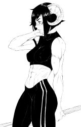 abs absurdres baseball_bat blush bolzhedor breasts demon_girl demon_horns female from_side highres horns monochrome original pants short_hair solo sports_bra sportswear yoga_pants