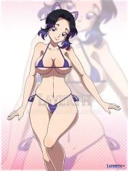 alternate_costume big_breasts bikini black_hair butterfly_hair_ornament cleavage curvy demon_slayer female female_only hair_ornament kimetsu_no_yaiba kochou_shinobu large_breasts layerth looking_at_viewer micro_bikini multicolored_hair purple_bikini purple_eyes purple_hair side-tie_bikini smile solo thick_thighs two_tone_hair voluptuous watermark wide_hips