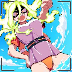 1:1 1girls 2021 bare_arms belt breasts burnin_(my_hero_academia) clothing cloud dress female female_only fiery_hair fire flaming_hair green_fire green_hair hair_between_eyes hand_on_hip innertube kamiji_moe kingbawoon large_breasts long_hair mask moe_kamiji my_hero_academia ocean one-piece_swimsuit open_mouth orange_eyes orange_swimsuit outdoors partially_submerged pixel_art pointing sharp_fingernails sharp_teeth short_dress sky smile solo swimsuit swimsuit_under_clothes teeth thighs tight_clothing water white_dress