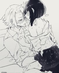 1boy 1boy1girl 1girls blush bob_cut cowgirl_position denki_kaminari fanon_couple female female_on_top hand_under_clothes hand_under_skirt heavy_breathing kyoka_jiro male male/female monochrome my_hero_academia panties_around_leg partially_clothed school_uniform straight sweat undressing