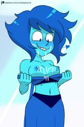 1girls biting_lip blue_eyes blue_hair blue_nipples blue_skin blush breasts cartoon_network cum cum_on_breasts female gem_(species) lapis_lazuli_(steven_universe) looking_down mr._chase_comix navel nipples short_hair small_breasts solo steven_universe