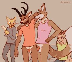 2022 4boys anthro antlers balls biped bottomless bottomless_anthro bottomless_male bovid brown_body brown_fur canid canine canis caprine cervid clothed clothing collar coyote digital_media_(artwork) domestic_cat felid feline felis flaccid fur furry furry_only genitals gloves_(marking) goat group hand_on_shoulder horn humanoid_genitalia humanoid_penis lawyerdog male male_only mammal markings multicolored_body multicolored_fur open_mouth open_smile panko_(lawyerdog) partially_clothed penis smile tail topwear two_tone_body two_tone_fur white_body white_fur yellow_body yellow_fur