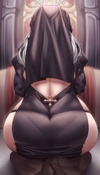 1girls 2022 ass ass_focus ass_shot back back_view facing_forward feet feet_in_stockings female female_only hi_res hips huge_ass indoors kneeling mung_(larnec) nun nun's_habit nun_outfit original original_character panties pantylines slim_waist thighhighs wide_hips