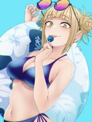 bikini blonde_hair blue_background breasts brown_eyes candy clothing double_bun female hair_bun high_resolution himiko_toga innertube kobaji large_breasts lollipop looking_at_viewer messy_bun my_hero_academia navel smile sunglasses_removed swimsuit tied_hair tongue tongue_out upper_body