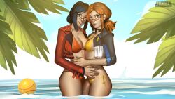 beach beach_ball bikini breasts cleavage elexis_sinclaire glasses jacket jessica_cannon loginovls looking_over_eyewear looking_over_glasses looking_over_sunglasses open_jacket orange-tinted_eyewear palm_tree red_bikini red_swimsuit sin_(game) sin_episodes sunglasses swimsuit tinted_eyewear water yellow_bikini yellow_swimsuit