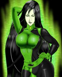 1girls arms_up big_breasts black_hair bodysuit curvy curvy_female curvy_figure disney disney_channel female_only gt_(artist) kim_possible large_breasts large_hair shego simple_background smile thighhighs thighs