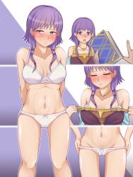 1girls accessory ass_visible_through_thighs bare_midriff bare_shoulders bare_thighs blush book bra breasts cape collarbone embarrassed female female_focus fire_emblem fire_emblem:_the_sacred_stones looking_at_viewer lute_(fire_emblem) medium_breasts medium_hair midriff necklace niboccc nintendo open_mouth panties partially_visible_vulva purple_eyes purple_hair solo_focus thighs underwear undressing white_panties