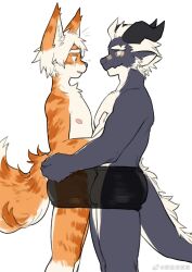 2022 anthro blue_body blue_nose blush bulge_frottage cheek_tuft clothing countershade_face countershade_torso countershading domestic_cat dragon duo facial_tuft felid feline felis flaccid frottage fur genitals hair hi_res horn hu_ku_li_(milkytiger1145) humanoid_genitalia humanoid_penis inner_ear_fluff interspecies kemono male male/male mammal milkytiger1145 orange_body orange_fur penis sex shared_clothes simple_background tuft underwear white_background white_body white_countershading white_hair yay_(milkytiger1145)